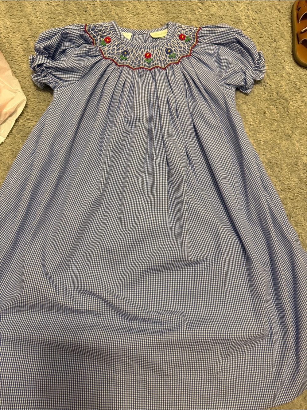 Blue Gingham Smocked Girls' Dress with Embroidered Floral Yoke
